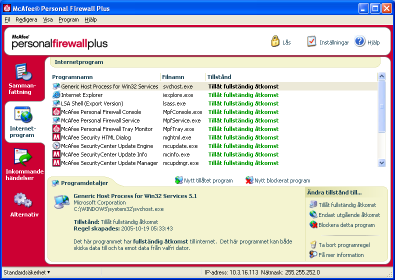 McAfee Personal Firewall Plus Sidan HackerWatch-sammanfattning innehåller följande information.