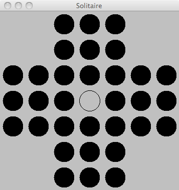 5. Solitär är ett brädspel för en ensam spelare där 32 (svarta) kulor är placerade på en spelplan med 33 små fördjupningar som i bilden till vänster nedan; fördjupningen i mitten är tom.