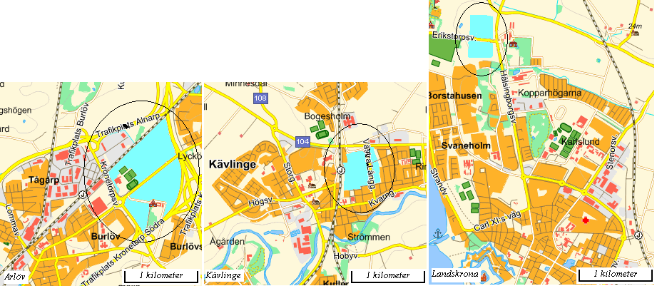 Figur 3: Möjliga placeringsområden för bostadsrätter. (hitta.se) Kommunikationsmässigt har områdena i orterna Kävlinge och Arlöv en stor fördel framför Landskronas.