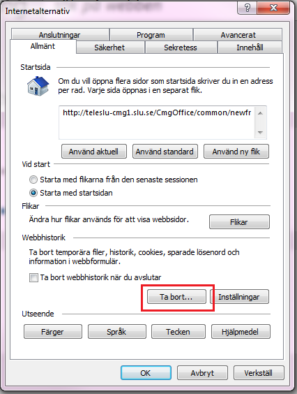Bilaga 1: Ta bort webbhistorik i olika webbläsare Ta bort webbhistorik från Internet Explorer Gå till kugghjulet i övre högra hörnet och välj Internetalternativ: Gå sedan till fliken