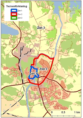 Bilaga 1. Zoner och parkeringstal från 2006 och 2013 års parkeringsnormer. Parkeringsnorm 2006 I bilden nedan syns zonindelningarna för 2006 års parkeringsnorm för Eskilstuna respektive Torshälla.