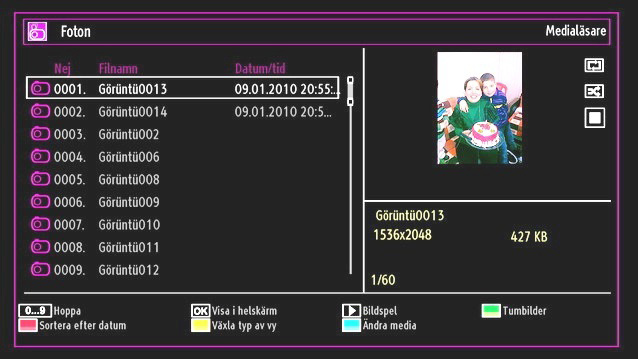 Hoppa (sifferknappar): hoppar till vald fil med sifferknapparna. OK: Visar vald bild i fullskärm. Bildshow ( knapp): Startar bildspelet och använder alla bilder.