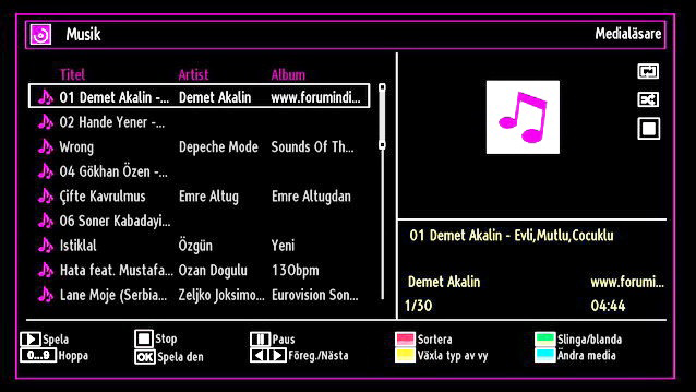 Spela musik via USB När du väljer musik utifrån huvudalternativen kommer tillgängliga ljudfiler att filtreras och listas på skärmen. Tryck på RETURN (Exit)-knappen för att gå till föregående meny.