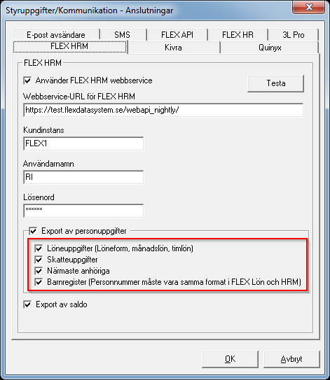 FLEX Lön Användarmeddelande (maj 2016) 13 Om du använder export av personuppgifter från Flex Lön till Flex HRM och vill att någon av uppgifterna enligt ovan ska exporteras behöver du först aktivera