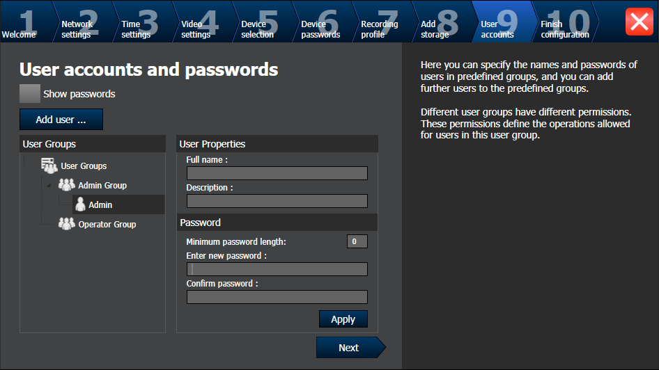 Bosch Video Management System Komma igång sv 53 Sidan User accounts and passwords Du kan lägga till användare, men du