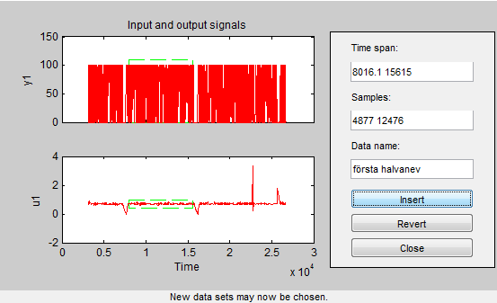 Bilaga 2. Modell i MATLAB Vi hämtade loggfilerna med mätvärdena för mellanstora poolen från LabVIEW och fick först göra vektorer av de värden vi behövde använda.