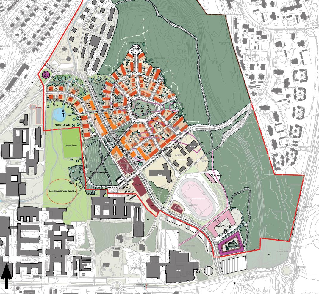 3 1.2 Planerad bebyggelse Lilljansberget Längs Petrus Laestadius väg planeras för bostäder och verksamheter. Totalt uppgår ny bebyggelse till cirka 135 000 m 2 BTA.