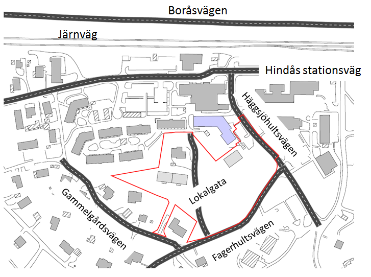 O:\Mma1\Str\2016\1320018824\3_PROJEKT\ Figur 4. Bild över trafiknätet i beräkningsmodellen SoundPlan. Röd linje markerar planområdet, blå färg i byggnaden markerar förskolan. Tabell 2.