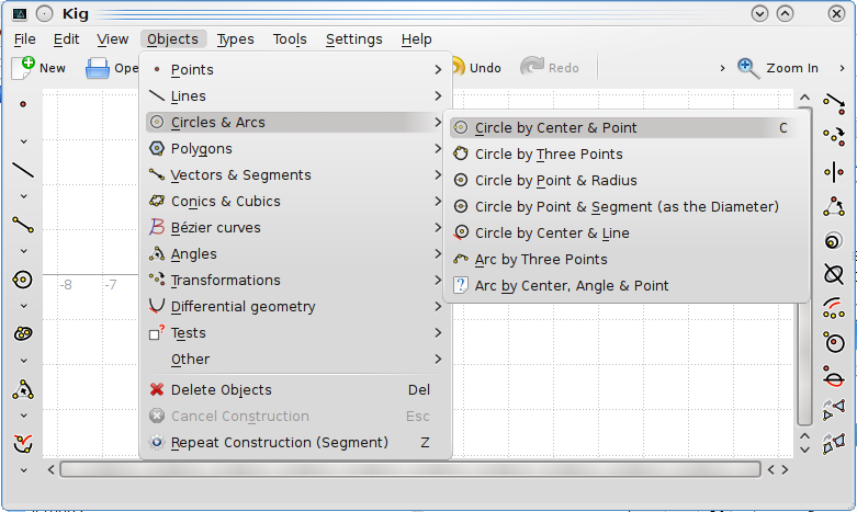 2.1.2 Konstruera andra objekt Att skapa andra objekt än punkter görs oftast genom att välja lämpligt alternativ i menyn Objekt, eller genom att klicka på en av knapparna i verktygsraden.