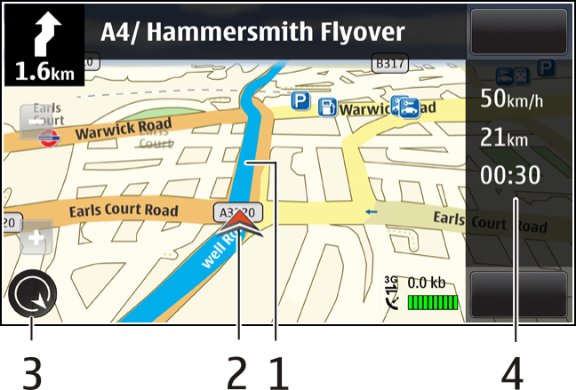 Kartor 115 Navigeringsvy 1 Rutt 2 Din position och riktning 3 Kompass 4 Informationsfält (hastighet, avstånd, tid) Få trafik- och säkerhetsinformation Förbättra din körupplevelse med information om