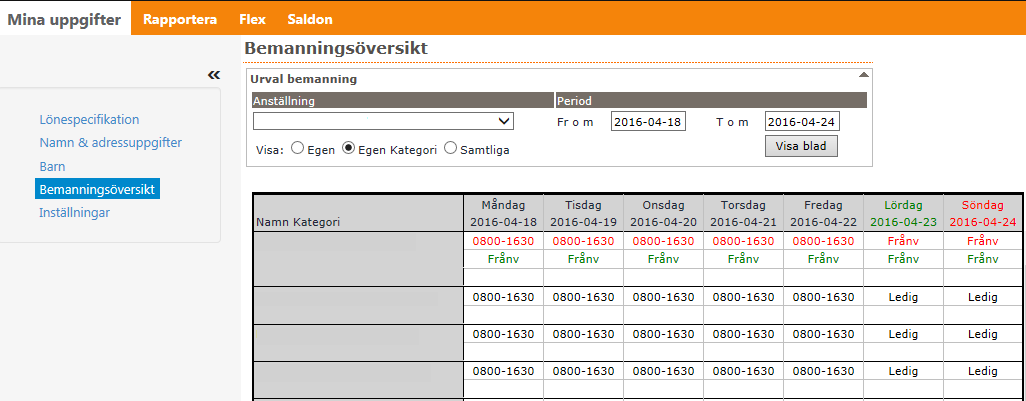 Bemanningsöversikt Under bemanningsöversikt kan du som medarbetare se ditt schema och om det till exempel ligger ett placeringsschema på dig då olika orsaker har olika färgkoder kan du genom att