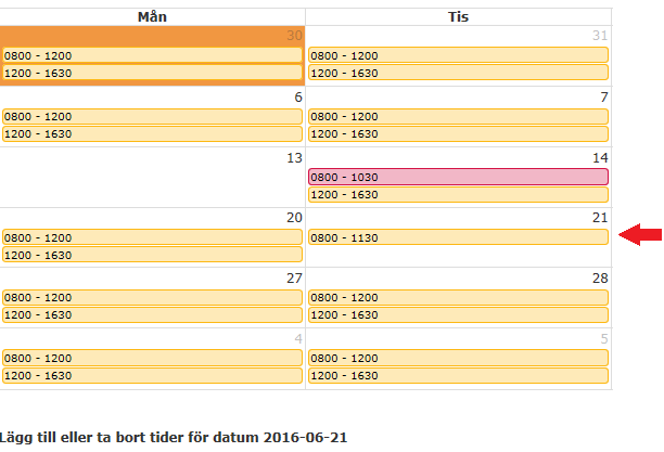 Fälten för att hantera tider för den aktuella dagen under kalendern visas.