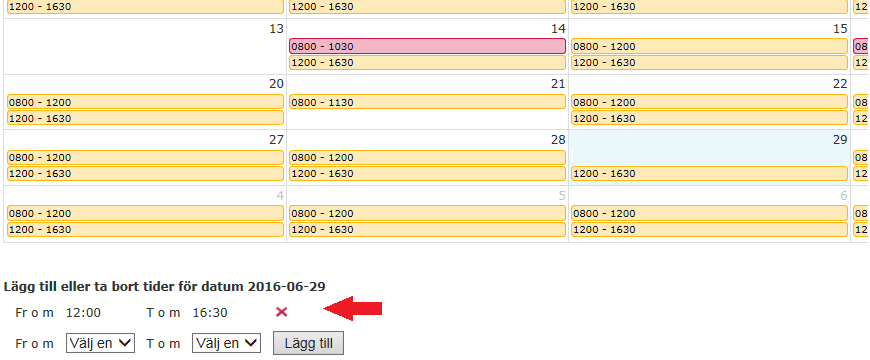 6.4 Ta bort tillgängliggjord tid Klicka på aktuell dag i kalendern. De tillgängliggjorda tiderna visas. Klicka på det röda krysset för att ta bort tiden När tiden är borttagen visas ett meddelande.