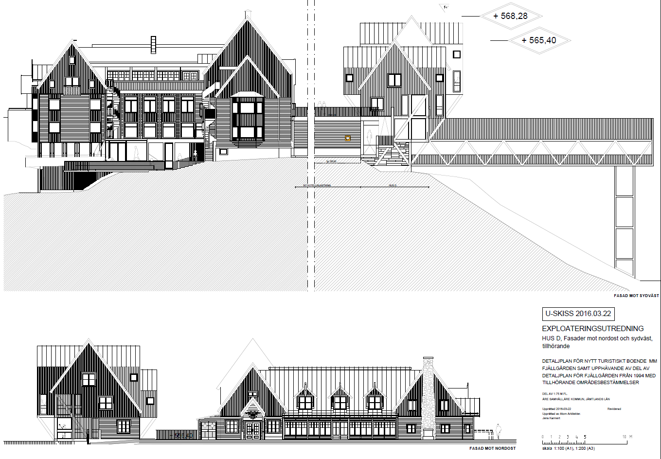 Planen tillåter två olika högsta nockhöjder för hus D som relateras till det omkringliggande landskapet och Hotell Fjällgården.