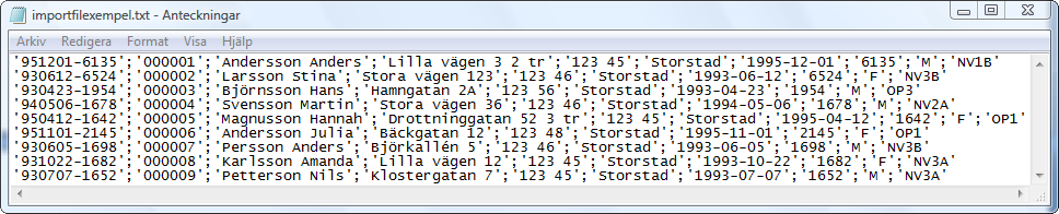 Utformning av importfil För att kunna importera data måste syntaxen för poster, fält och kolumner vara konsistent och utförd enligt vissa krav.