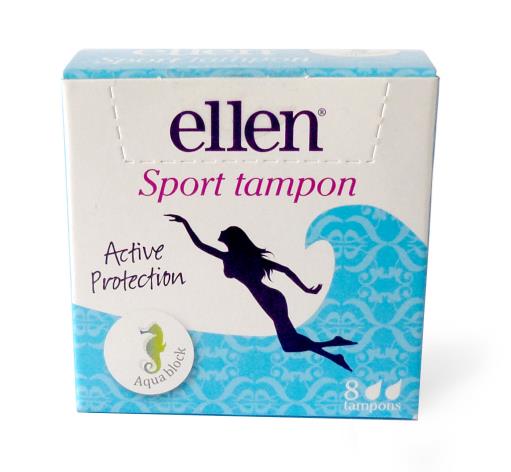 Ellen Sport tampong lansering februari 2016 Skydd vid simning och sportaktivitet Innehåller en patenterad medicinsk hydrofobisk barriär för att förhindra penetration av förorenat eller klorerat