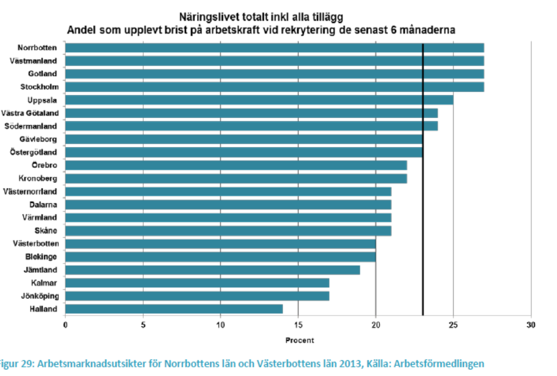 Polariseringen ger också till handa att trots en relativt hög ungdomsarbetslöshet uppger i början av 2012 en stor andel tillväxtbranscher i norra Sverige att man har svårigheter att hitta kompetent