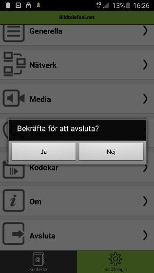 Bild 11: Inställningsknappen i appen Bildtelefoni.net i Android smartphone. Bild 12: Huvudvyn för inställningar i appen Bildtelefoni.