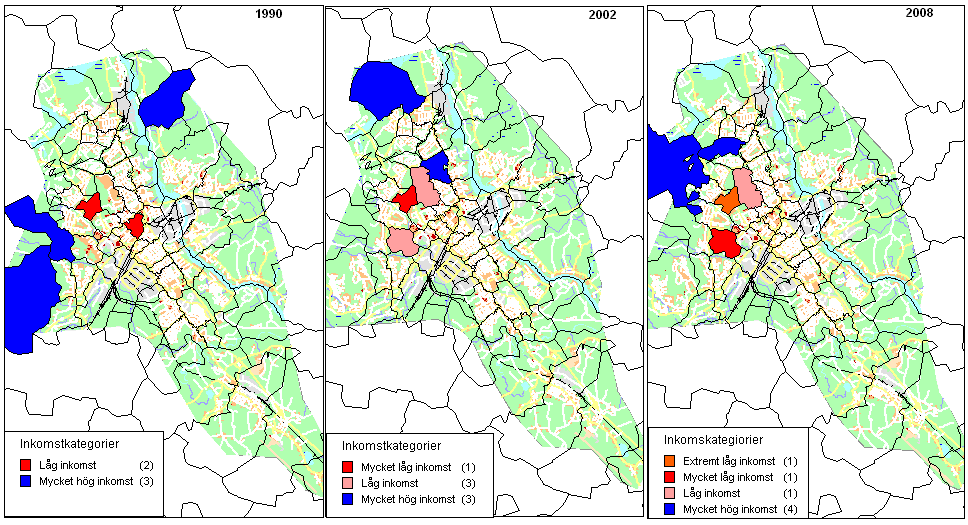 Figur 19. Isoleringsindex för synliga och osynliga minoriteter i Borlänge är 1990, 1996, 2002 och 2008. (Källa: SCB; Borlängedatabasen) 7.2 Socioekonomisk segregation 7.2.1 Ekonomisk segregation Nedan (figur 20) visas hur inkomstnivåerna varierar mellan områden i Borlänge.