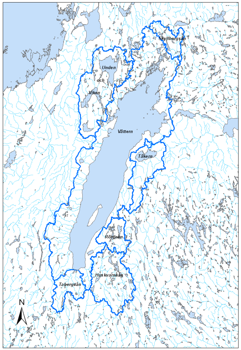 Vättern Stor sjöyta (1 910 km2) och volym (max djup 128 m) i förhållande till avrinningsområdet (4 400 km2) ger lång omsättningstid ca 60