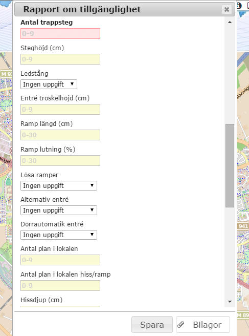 Rapportering och insamling av information För att rapportera in information om tillgängligheten för ett objekt/besöksmål finns en funktion som nås via det högra hörnet på startsidan av applikationen.