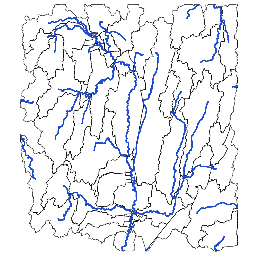 Varje avrinningsområde i basin_v har ett motsvarande vattendrag i streamseg_v, ett vattendrag per avrinningsområde.