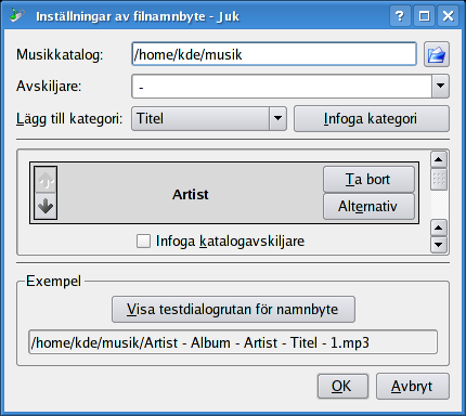 2.4 Dialogrutan för filnamnsbyte Inställningsdialogrutan för filnamnsbyte används för att anpassa alternativet Byt namn på fil, som byter namn på sånger baserat på informationen som finns i dess