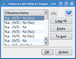 2.5 Inställningsdialogrutan för gissning av taggar Inställningsdialogrutan för gissning av taggar används för att ställa in åtgärden Gissa från filnamn.