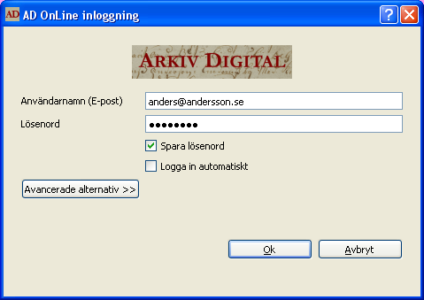 Att Lgga in När prgrammet startar så får du först upp en s.k. inlggningsruta.