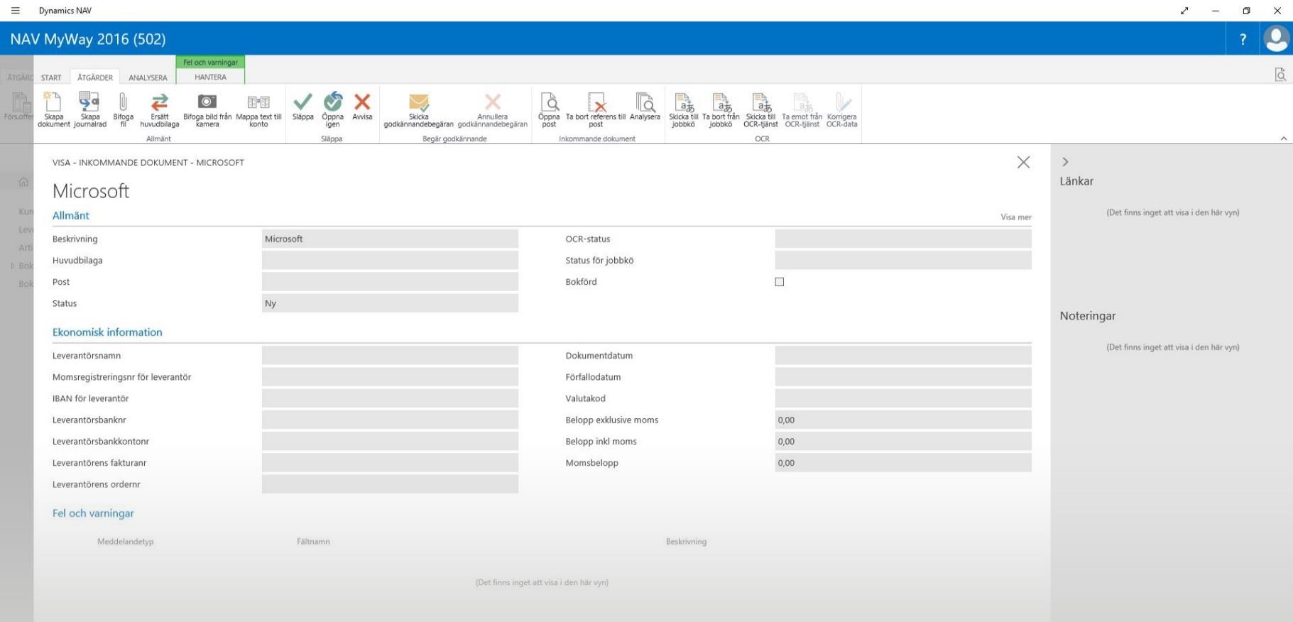 Dokumenthantering Lagra fakturor, kreditnotor som inkommande dokument Skapa inköps dokument eller verifikatsrader Dela dokument Dokumenthantering I Dynamics NAV 2016 finns flera förbättringar för att