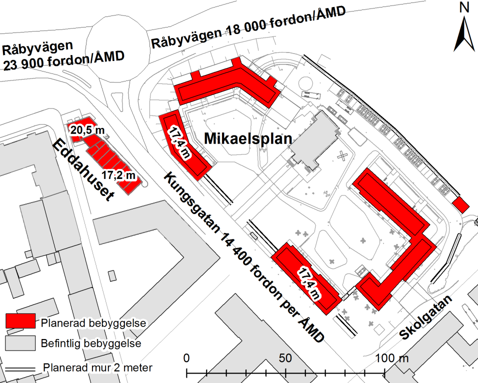 Figur 3. Indata för beräkningarna år 2020. Planerad bebyggelse med hushöjder samt trafikmängder. Angivna trafikmängder avser prognos för år 2020, fordon per årsmedeldygn (f/åmd).