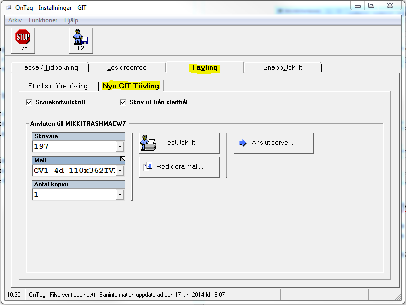 Sida 16 / 32 12.1.2 Ställa in rätt mall och skrivare Öppna Inställningar Git Under Start Alla Program OnTag Klicka på fliken Tävling och sedan fliken Nya GIT Tävling. Kryssa för Scorekortsutskrift.