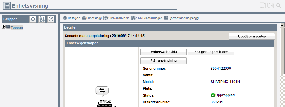 Kontrollera detaljerad status för en enhet Klicka på enhetens modellnamn eller IP-adress i listan om du vill visa detaljerad status för en enhet.