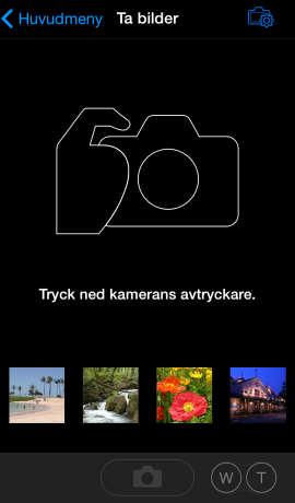 D 90 4 Ta bilder. Använd kameran för att komponera och ta bilder. Bilder överförs till ios-enheten efter att de sparats på kamerans minneskort.