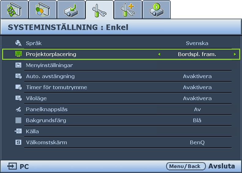 Installera projektorn Välja placering Det är du själv eller storleken och formen på rummet som avgör vilken installation du väljer.
