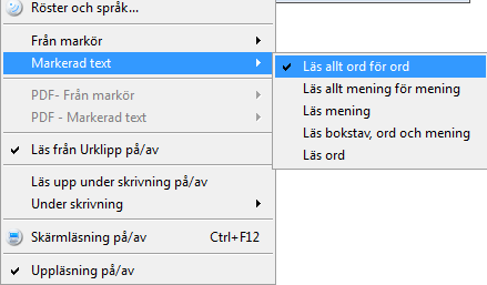 Läs upp från markör Klicka med musen för att placera markören någonstans i texten. Välj knappen Läs, så blir texten efter markören uppläst. Välj knappen Läs från verktygslisten.