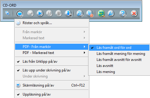 Läs upp i PDF-dokument CD-ORD kan också läsa upp med highlight i PDF-dokument. Menyerna PDF - Från markör och Markerad text är aktiva, när du har öppnat ett PDF-dokument.