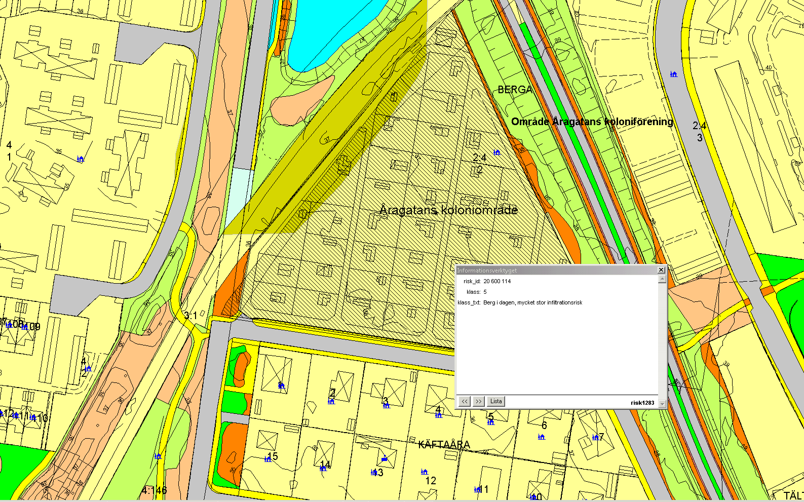 Växlande infiltrationsområde medelhög risk och berg i dagen mycket stor