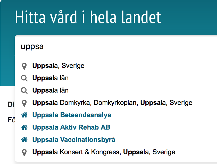 Geografiska sökningar Förbättringen möjliggör sökningar på områden och platser som inte är officiella stadsdelar samt på små orter som inte är kommuner.