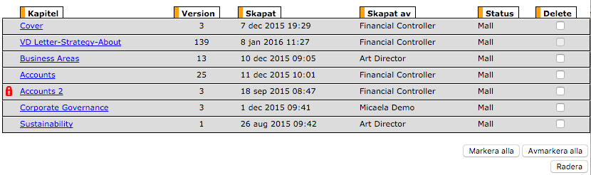 Radera kapitel Om du väljer att radera ett helt kapitel så försvinner alla versioner. Information om hur du endast raderar den senaste versionen finner du under rubriken Radera kapitelversioner.