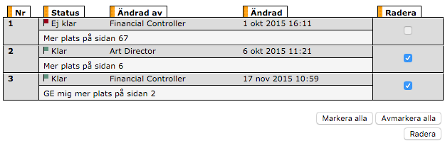 Radera kommentarer Kommentarer kan endast raderas om de är har status Tagit del av eller Åtgärdade. Följ stegen nedan för att radera kommentarer: 1.