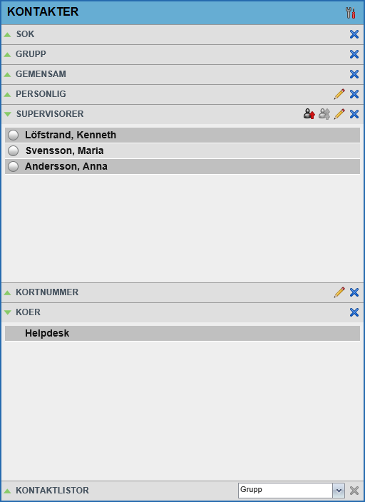 Innehållspanelen Kontakter visar en lista över alla användare i din verksamhet eller grupp. Du kan anpassa listan så att den visar de kataloger du behöver.