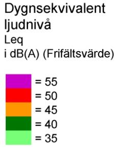 Figur 27. Ljudutbredning i parkutformningen med 6 vindkraftverk á 3 MW. I beräkningen har modell Vestas V112 med navhöjd 119 meter förutsatts(åf-ingemansson 2010). 9.