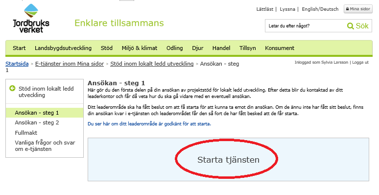 10. Klicka på Ansökan - steg 1 till