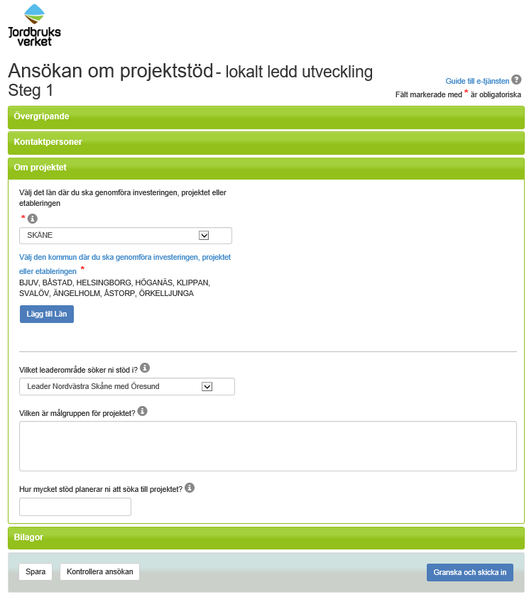 15. Klicka på grönt fält Om projektet. Fyll i önskad information. Välj län, Skåne.