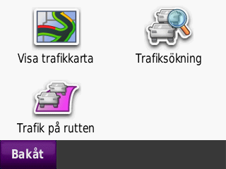 Använda FM-trafik Visa trafikkartan På trafikkartan visas färgkodade trafikflöden och fördröjningar på närliggande vägar. 1. Tryck på trafikikonen på kartsidan. Visa trafikfördröjningar 1.