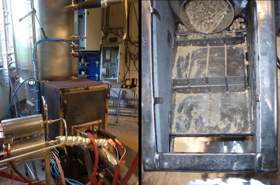 Figur 10. Försöksuppställning för rosterförbränning med primär och sekundärdel (vä) och den använda brännaren av typ Ariterm Multijet 40 kw (hö). Tabell 17.