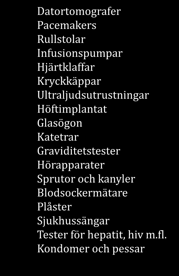 Medicinteknik Medicinteknik = i princip allt (som inte är läkemedel) som används för: ställa diagnos behandla sjukdom rehabilitera skada Exempel Datortomografer Pacemakers Rullstolar Infusionspumpar