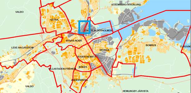 4.9 Boende och förvärvsarbetande i rangerbangårdens omgivning Rangerbangården ligger i stadsdelarna Strömsbro-Stigslund, Öster-Alderholmen och Nynäs-Norr, markerad som en blå rektangel i Figur 18.
