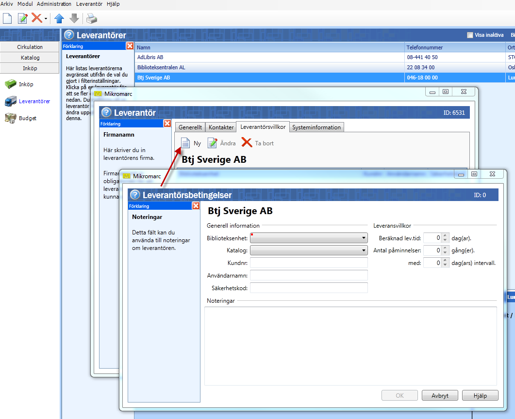 Leverantörsdetaljer för Adlibris och Btj För att ditt biblioteks beställningar ska importeras från Adlibris och Btj till Mikromarc, måste varje kundnummer hos dessa anges under leverantörsdetaljer.